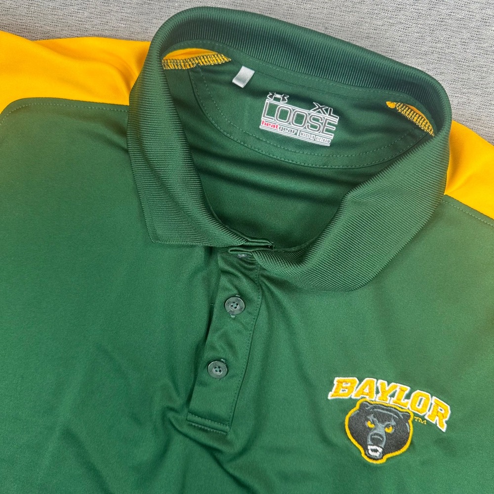 Baylor Bears Under Armour Polo Shirt Mens XL Green Gold HeatGear Loose Fit Logo